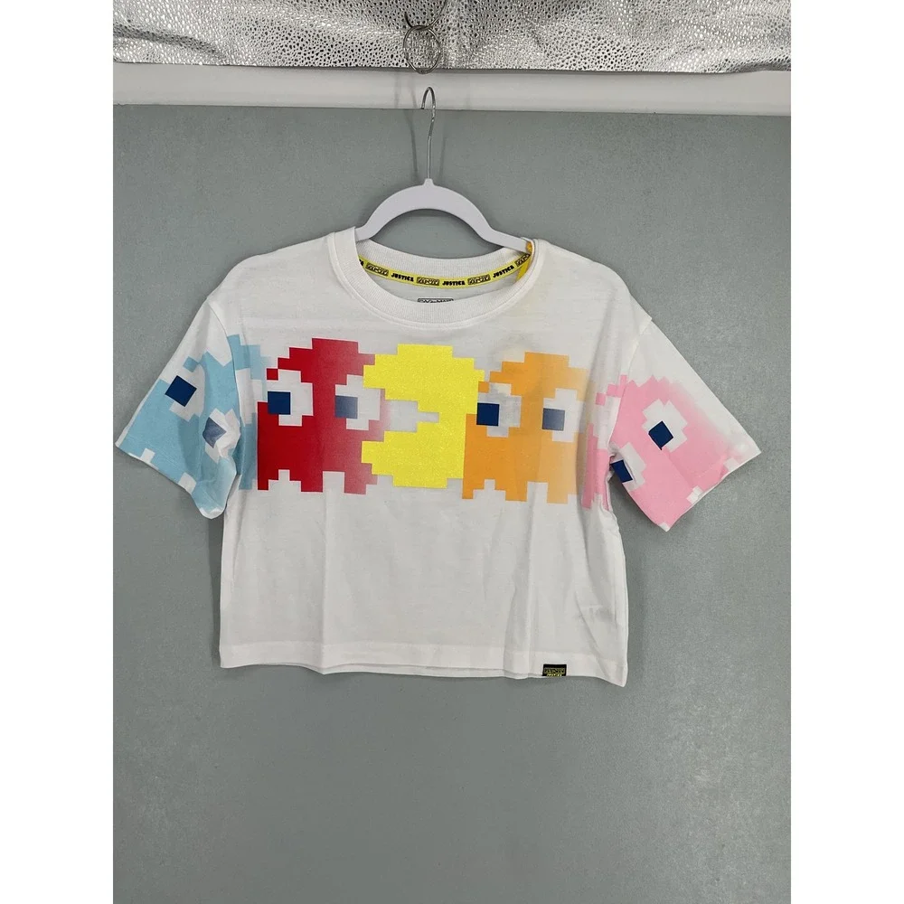Justice Girls Pac-Man Cropped Graphic Tee White Retro Pixel Ghosts Size L 12 14